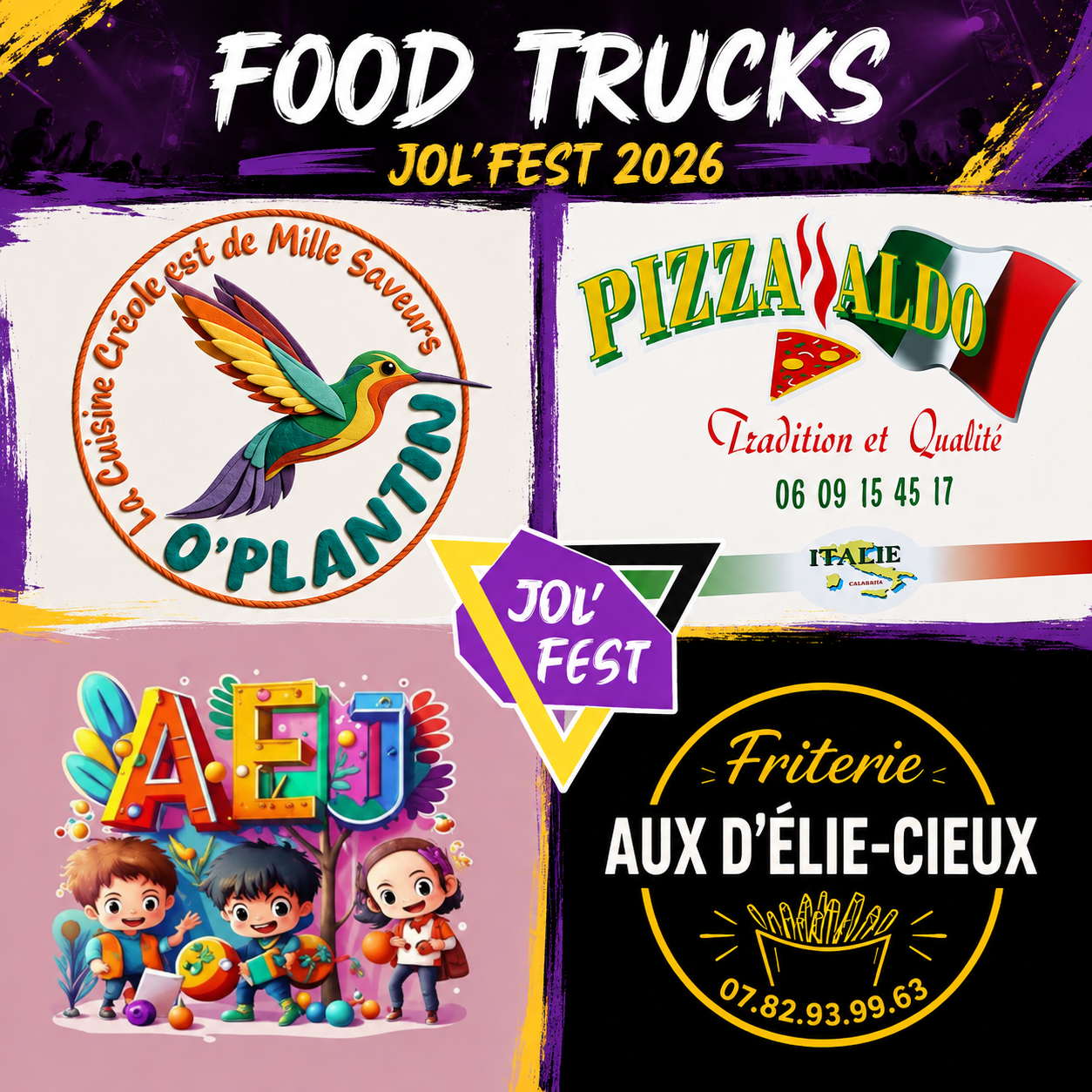 Les quatre food-trucks présents au JOL’FEST 2026 : O’Plant, Pizza Aldo, AEJ et Friterie Aux D’Élie-Cieux